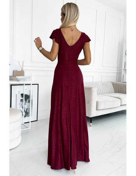  411-8 CRYSTAL long shimmering dress with a neckline - Burgundy color 