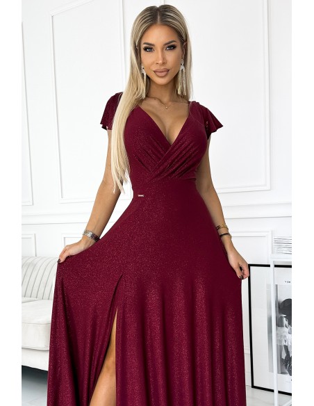  411-8 CRYSTAL long shimmering dress with a neckline - Burgundy color 