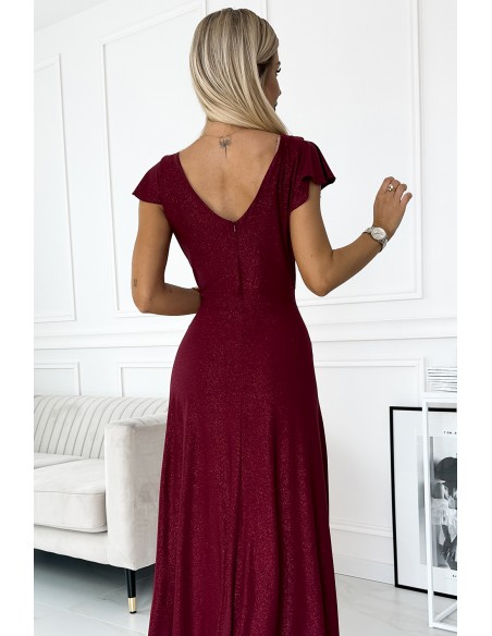  411-8 CRYSTAL long shimmering dress with a neckline - Burgundy color 