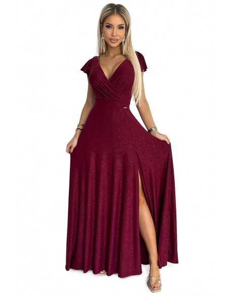  411-8 CRYSTAL long shimmering dress with a neckline - Burgundy color 