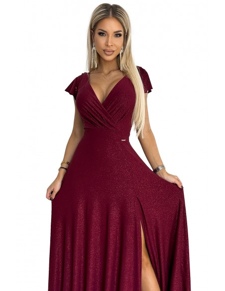  411-8 CRYSTAL long shimmering dress with a neckline - Burgundy color 