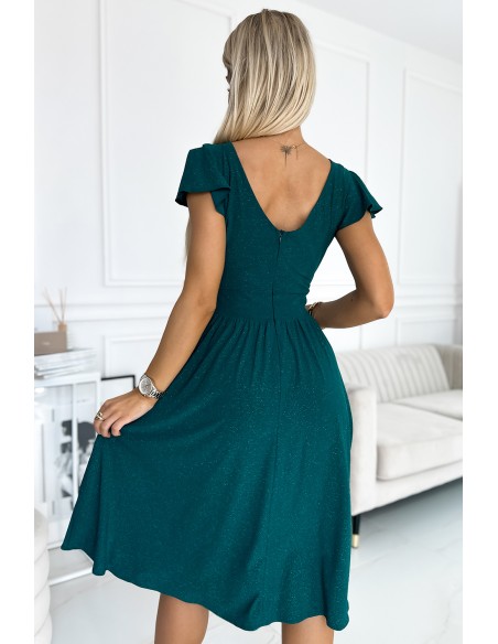  425-6 MATILDE Dress with a neckline and short sleeves - green with glitter 