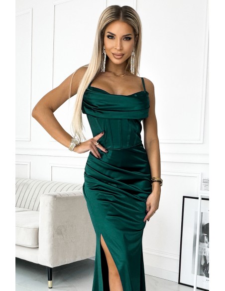  526-1 Corset maxi long satin dress with straps - green 