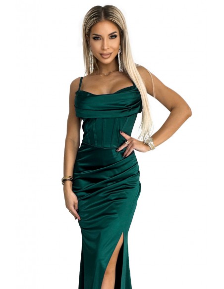  526-1 Corset maxi long satin dress with straps - green 