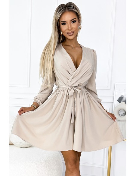  339-4 BINDY Feminine dress with a neckline and belt - beige 