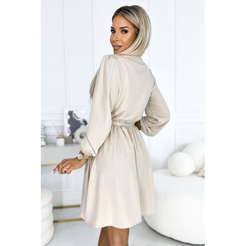 339-4 BINDY Feminine dress with a neckline and belt - beige  2