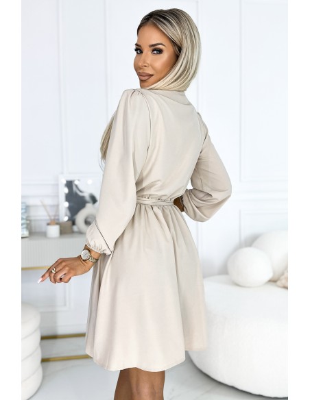  339-4 BINDY Feminine dress with a neckline and belt - beige 