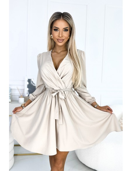  339-4 BINDY Feminine dress with a neckline and belt - beige 