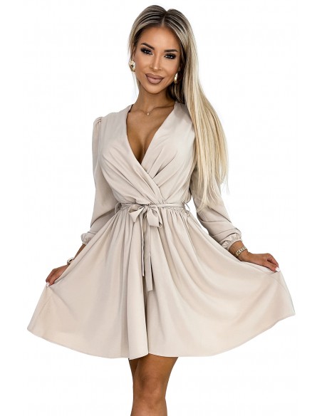  339-4 BINDY Feminine dress with a neckline and belt - beige 