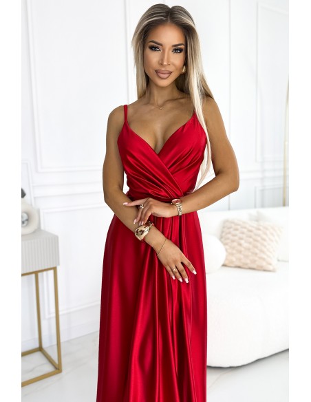  512-5 JULIET elegant long satin dress with a neckline and leg slit - red 