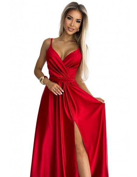  512-5 JULIET elegant long satin dress with a neckline and leg slit - red 