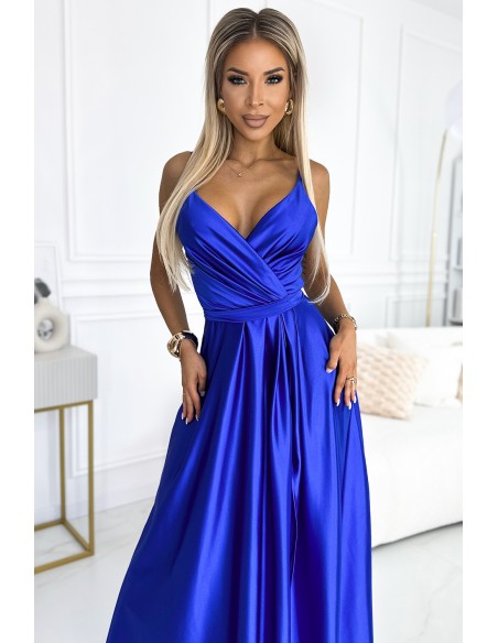  512-4 JULIET elegant long satin dress with a neckline and leg slit - royal blue 