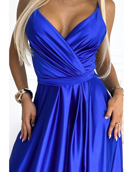  512-4 JULIET elegant long satin dress with a neckline and leg slit - royal blue 
