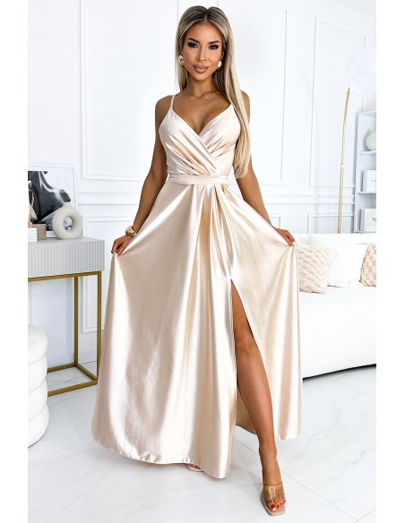  512-3 JULIET elegant long satin dress with a neckline and leg slit - Beige 