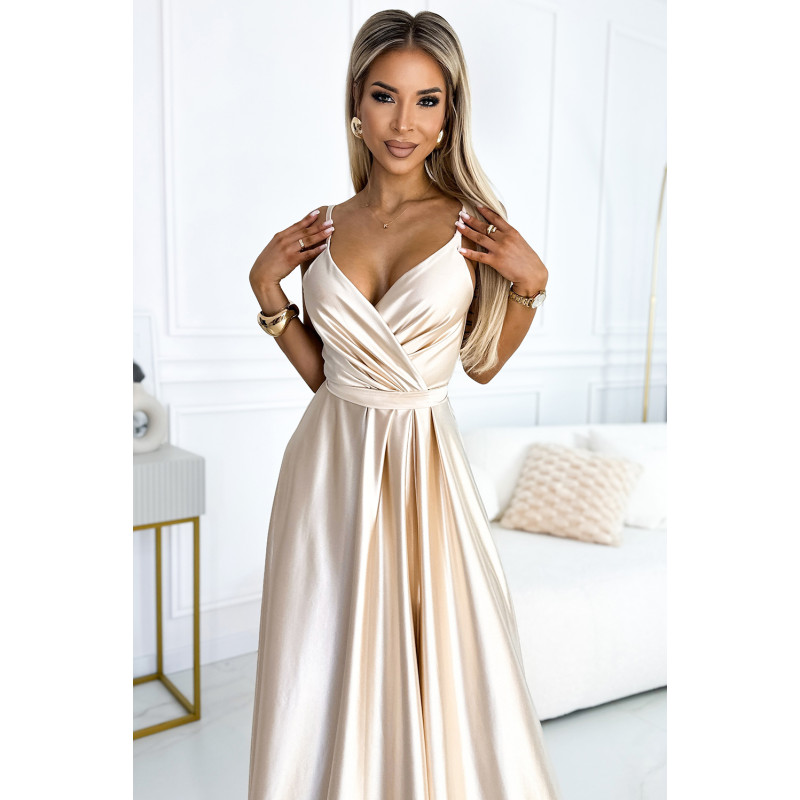 512-3 JULIET elegant long satin dress with a neckline and leg slit - Beige  2