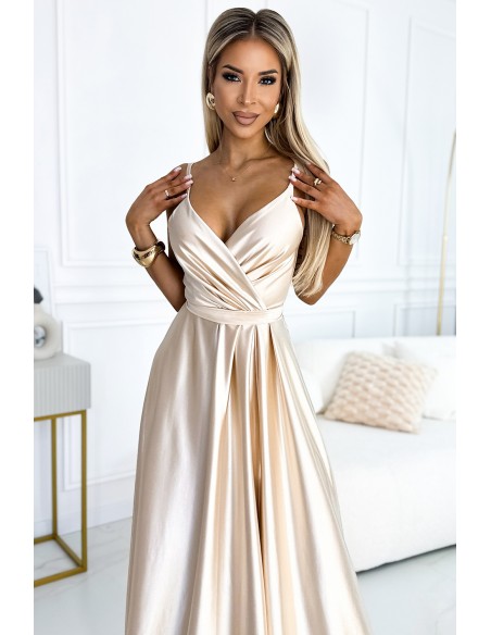  512-3 JULIET elegant long satin dress with a neckline and leg slit - Beige 