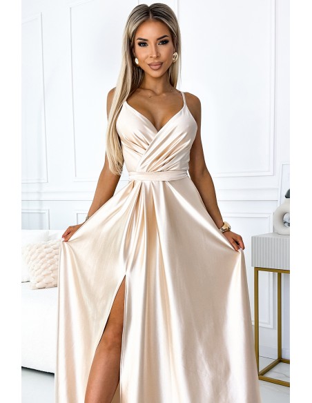  512-3 JULIET elegant long satin dress with a neckline and leg slit - Beige 