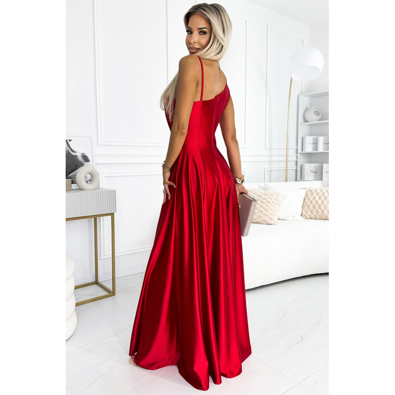 524-1 Long elegant satin one-shoulder dress - red  2