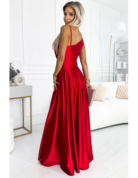  524-1 Long elegant satin one-shoulder dress - red 