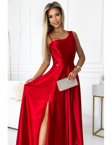 524-1 Long elegant satin one-shoulder dress - red 