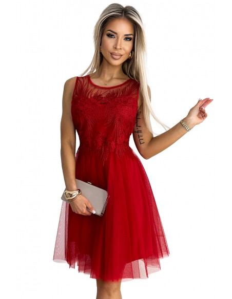  522-3 CATERINA Feminine dress with guipure and delicate tulle - red 