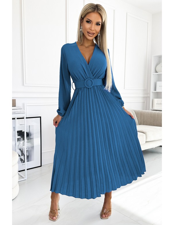  504-5 VIVIANA Pleated midi dress with a neckline, long sleeves and a wide belt - JEANS 