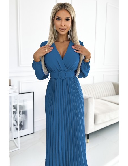  504-5 VIVIANA Pleated midi dress with a neckline, long sleeves and a wide belt - JEANS 