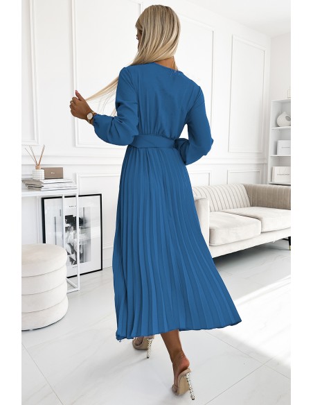  504-5 VIVIANA Pleated midi dress with a neckline, long sleeves and a wide belt - JEANS 