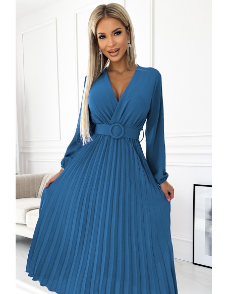  504-5 VIVIANA Pleated midi dress with a neckline, long sleeves and a wide belt - JEANS 