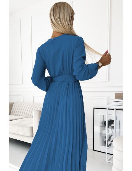  504-5 VIVIANA Pleated midi dress with a neckline, long sleeves and a wide belt - JEANS 