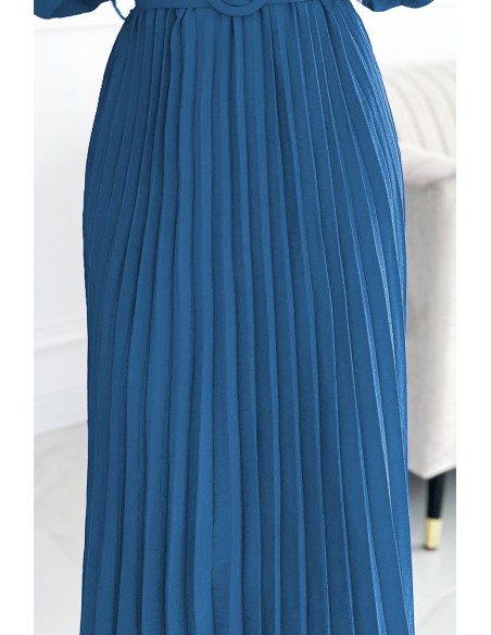  504-5 VIVIANA Pleated midi dress with a neckline, long sleeves and a wide belt - JEANS 