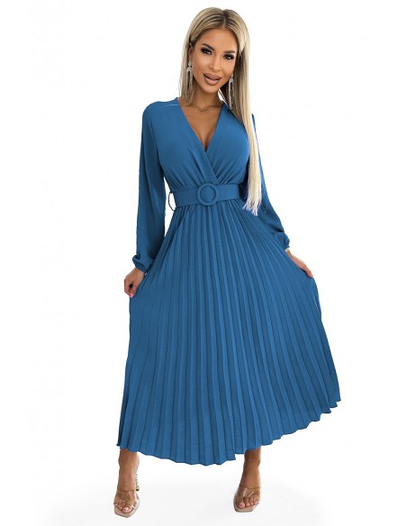  504-5 VIVIANA Pleated midi dress with a neckline, long sleeves and a wide belt - JEANS 