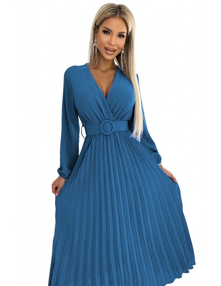  504-5 VIVIANA Pleated midi dress with a neckline, long sleeves and a wide belt - JEANS 