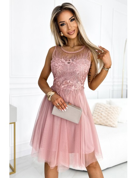  522-1 CATERINA Feminine dress with guipure and delicate tulle - powder pink 