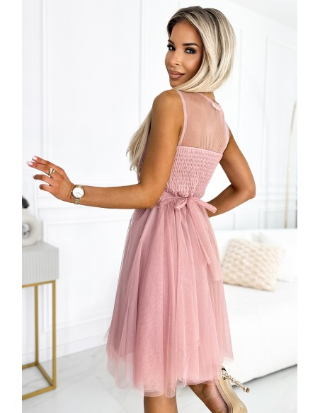  522-1 CATERINA Feminine dress with guipure and delicate tulle - powder pink 