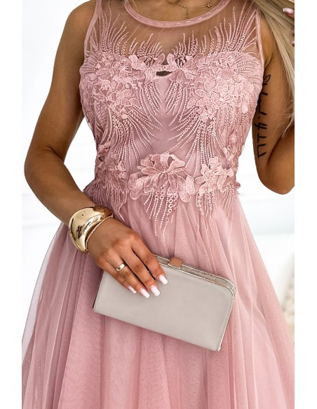  522-1 CATERINA Feminine dress with guipure and delicate tulle - powder pink 