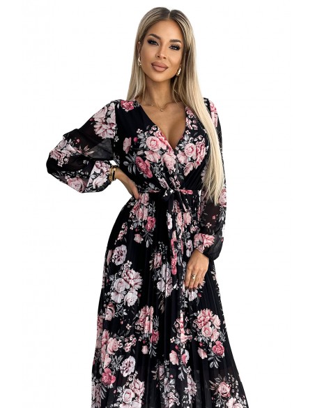  502-2 Pleated midi dress with a neckline, long sleeves and a tie at the waist - black with red and pink roses 