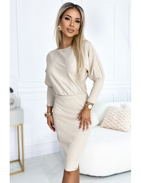  399-3 LARA Striped dress with cuffs in the sleeves - beige 
