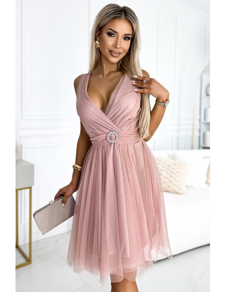  525-2 OLGA tulle dress with a neckline and decorative buckle - dirty pink 