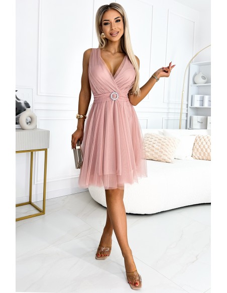 525-2 OLGA tulle dress with a neckline and decorative buckle - dirty pink 