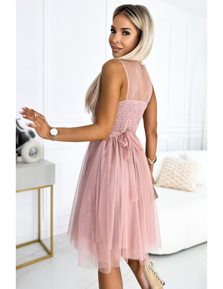  525-2 OLGA tulle dress with a neckline and decorative buckle - dirty pink 