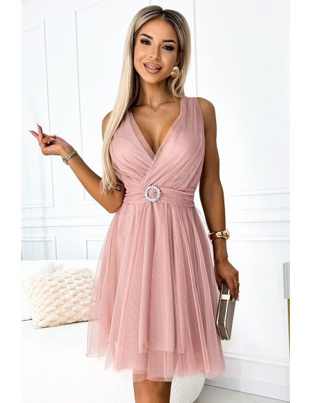  525-2 OLGA tulle dress with a neckline and decorative buckle - dirty pink 