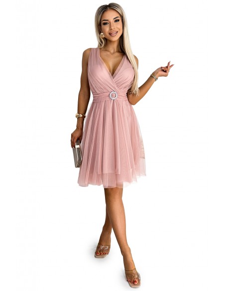  525-2 OLGA tulle dress with a neckline and decorative buckle - dirty pink 