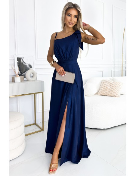 528-1 Long shiny one-shoulder dress with a bow - navy blue 