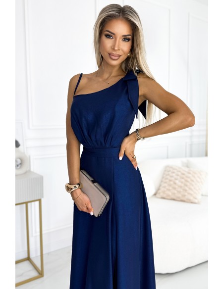  528-1 Long shiny one-shoulder dress with a bow - navy blue 