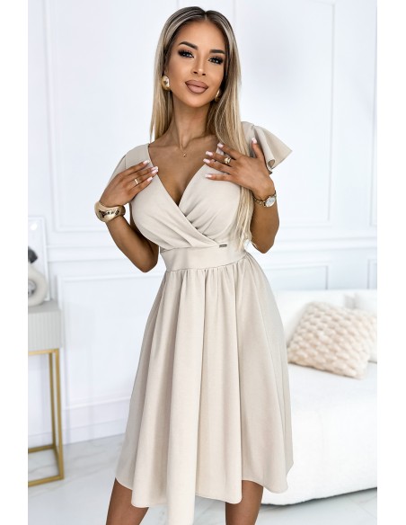  425-7 MATILDE Dress with a neckline and short sleeves - beige color 