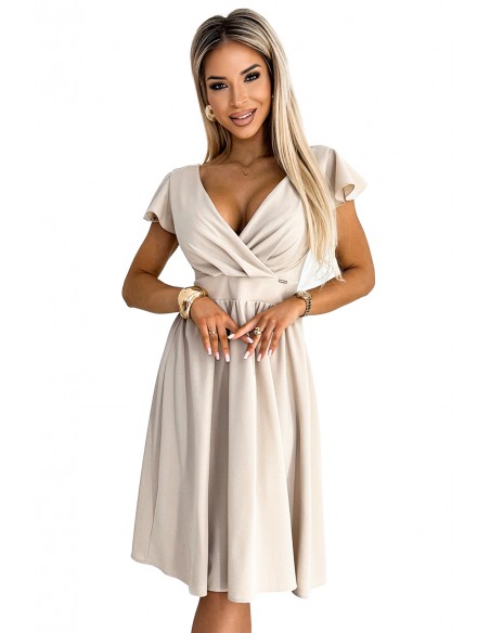  425-7 MATILDE Dress with a neckline and short sleeves - beige color 