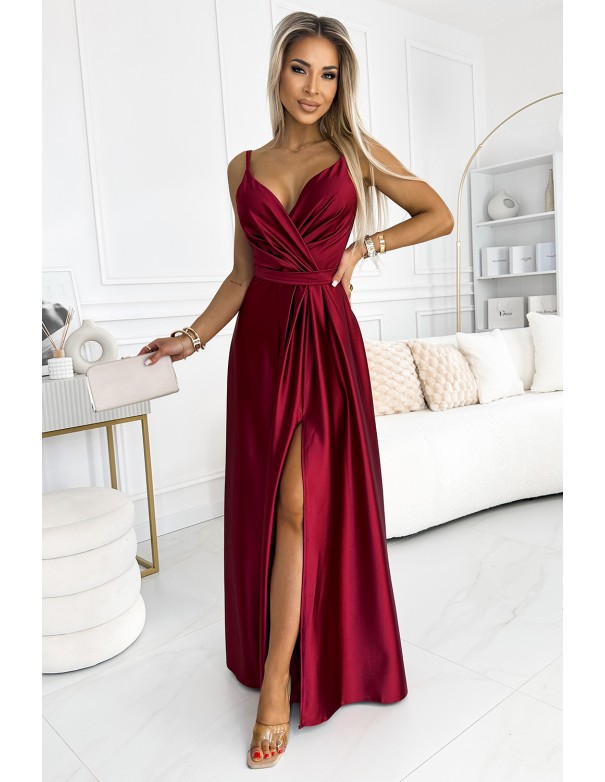  512-6 JULIET elegant long satin dress with a neckline and leg slit - Burgundy color 