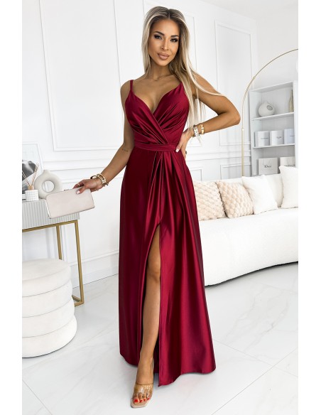  512-6 JULIET elegant long satin dress with a neckline and leg slit - Burgundy color 