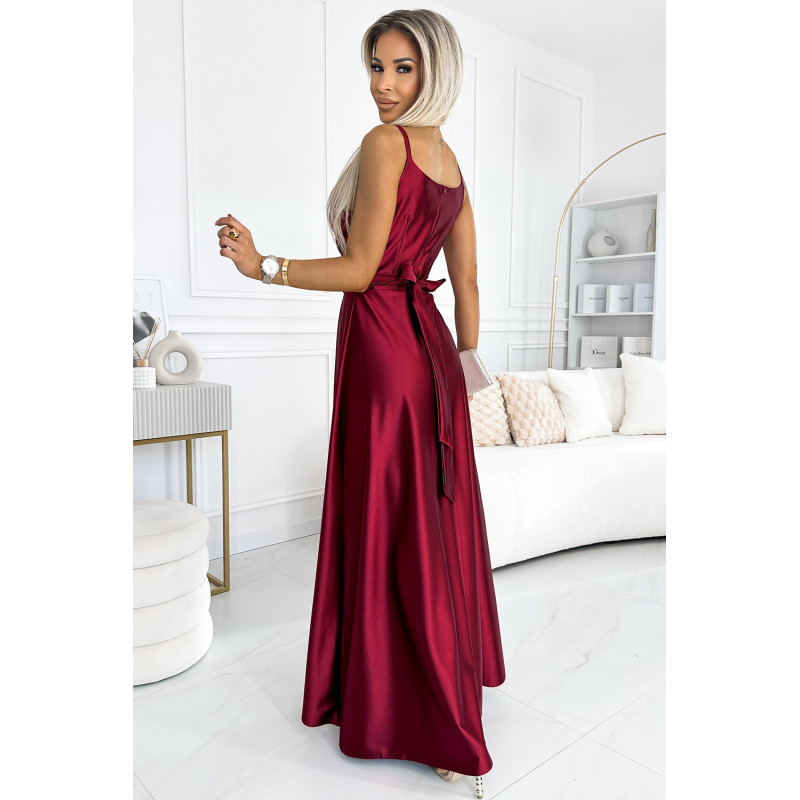 512-6 JULIET elegant long satin dress with a neckline and leg slit - Burgundy color  2